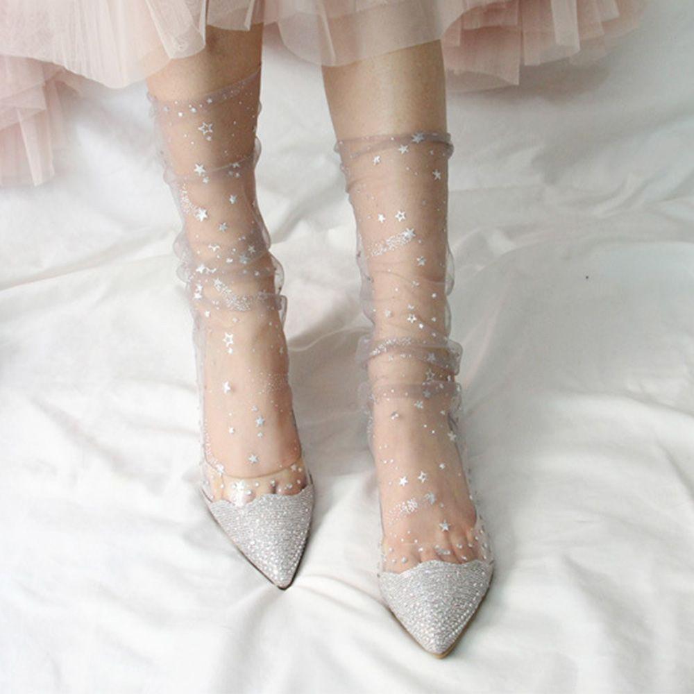 Summer Candy Colors Ladies Women Shiny Stars Glitter Women Socks Transparent Fishnet Socks Hosiery
