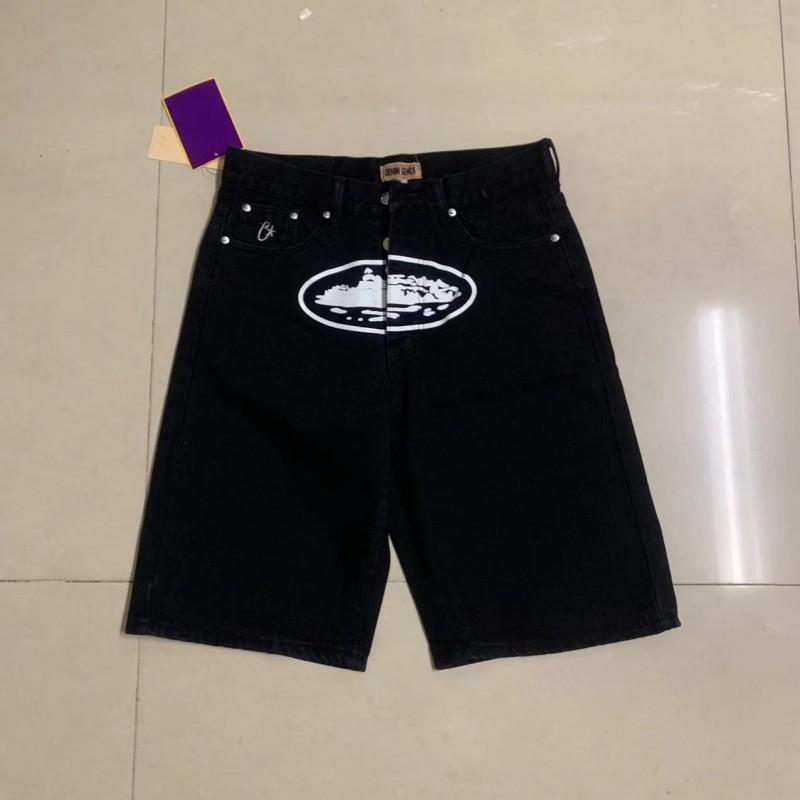Corteiz Distressed Denim Shorts With Star Embroidery Vintage Streetwear Straight Cut Mid-Rise Casual 5/8 Length Jeans Men