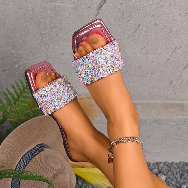 Разноцветные Шлепанцы Летние Новые Квадратный Носок Открытый Носок Блестки Мягкая Подошва Противоскользящие Износостойкие Балетки