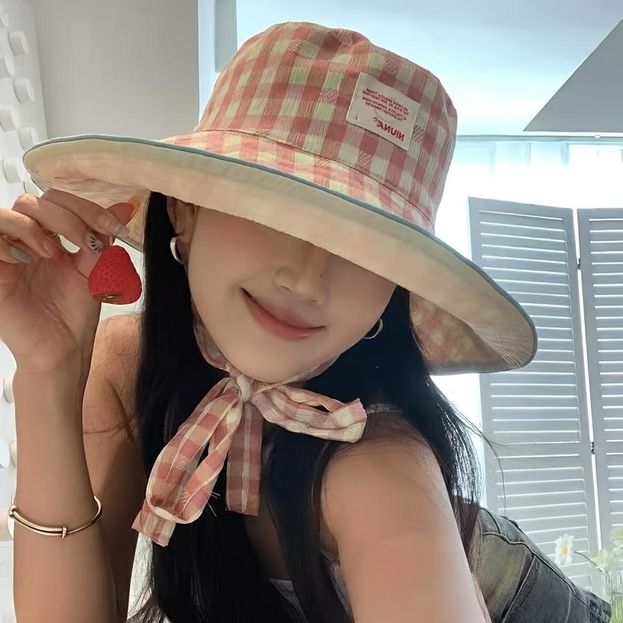 New Style Checked Wide-Brim Summer Sun Hat - Lightweight Foldable Double-Sided Lace-Up Boater Bucket Hat with Adjustable Closure