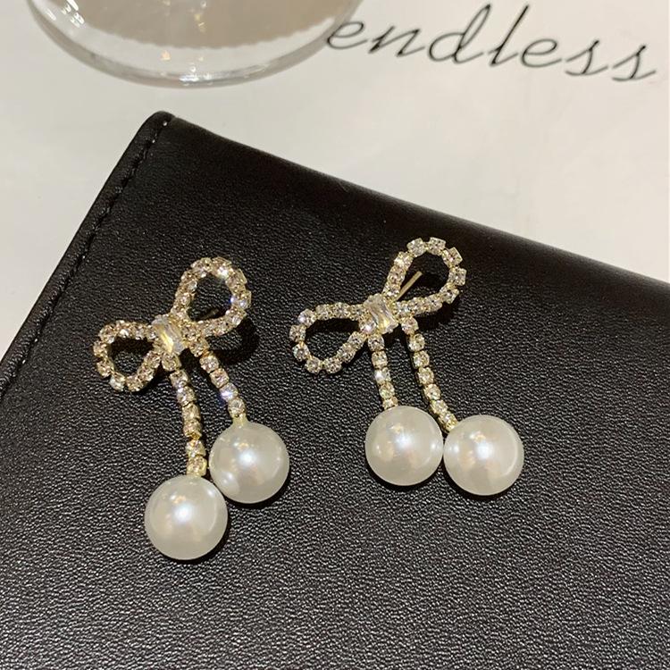 111 silver needle tassel bow zircon stud earrings for women exquisite, small and versatile earrings, fashion temperament, pearl earrings