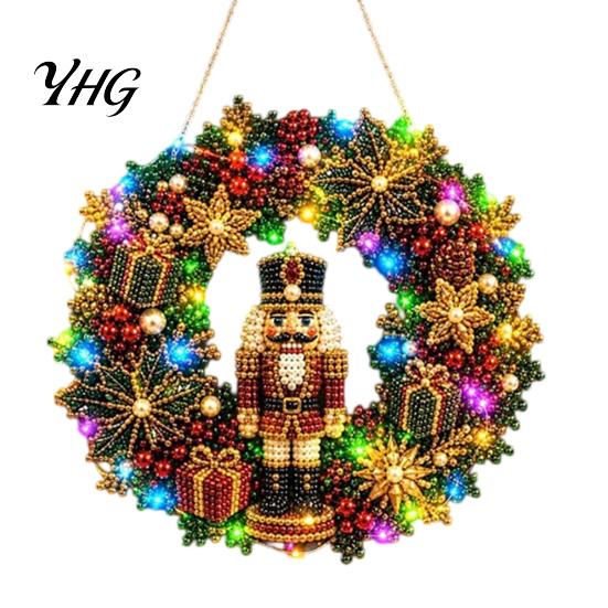 Sparkling Gemstone Art Project DIY Acrylic Christmas Faux Pearl Hanging Kit, Lighted Wreath 3D Beaded Craft Bead Mosaic Kit with LED String