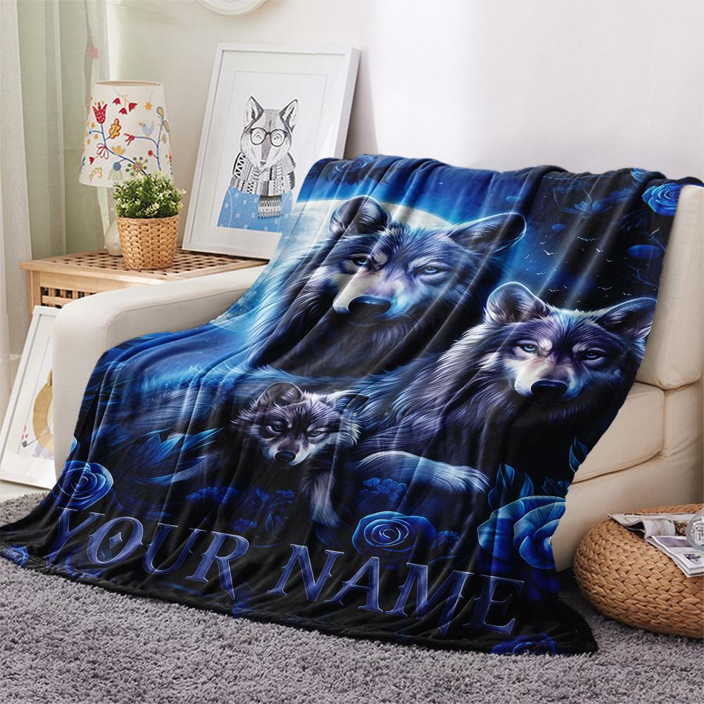 1PC Custom Name Wolf Family MoonNight Patterned Flannel Blanket Suitable For All Seasons for Home Decor Warmth and Comfort Gifts Holiday Present_lx