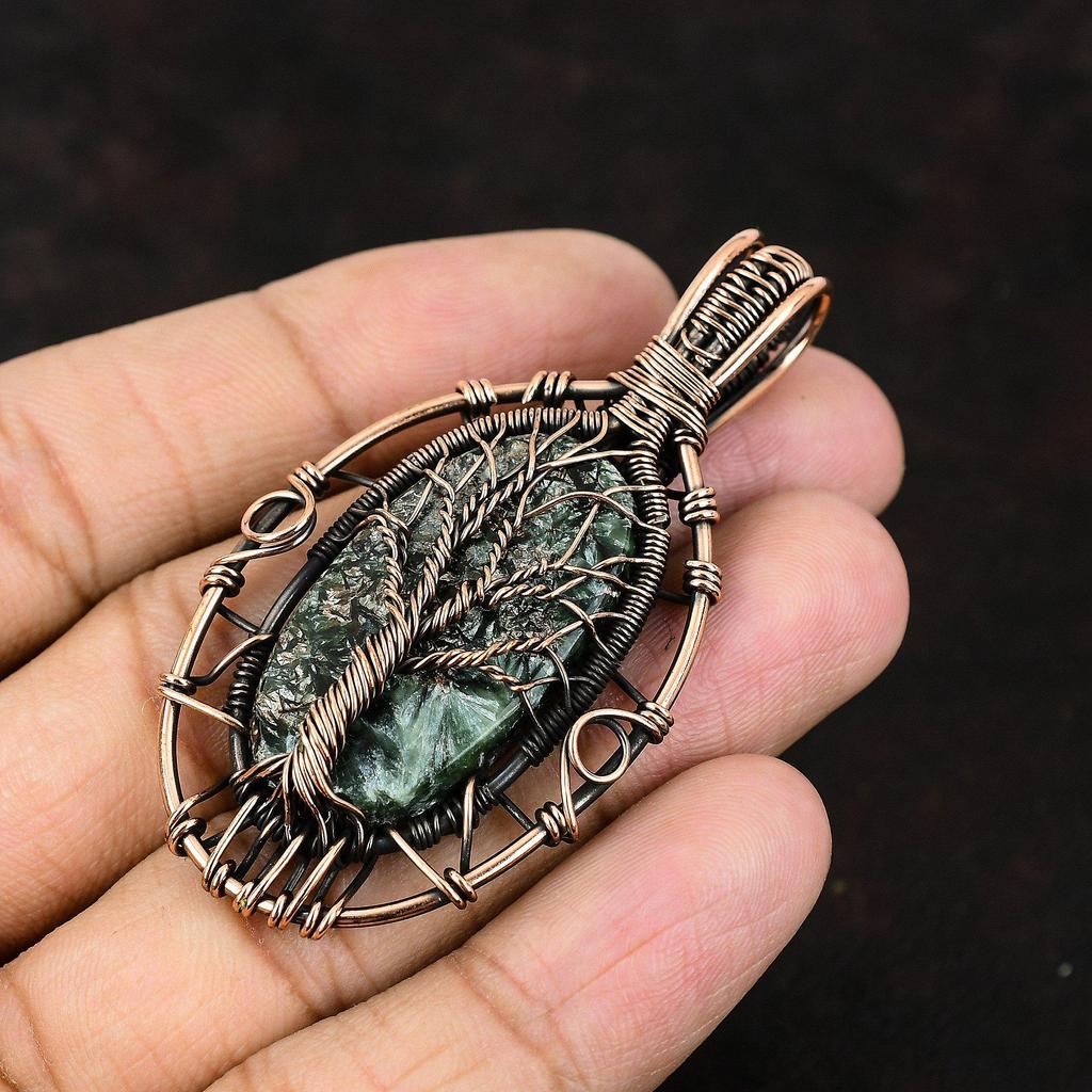 Древо Жизни Серафинит Медный Кулон Кулон, оплетенный медной проволокой Драгоценный камень Ювелирные изделия ручной работы Ювелирные изделия с серафинитом для женщин Подарок для матери