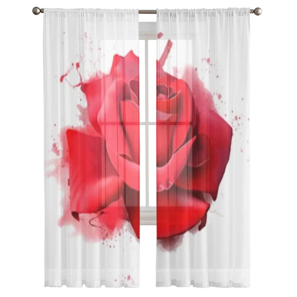 Luxurious Red Rose Sheer Curtains For Living Room Bedroom Kitchen Tulle Home Decor