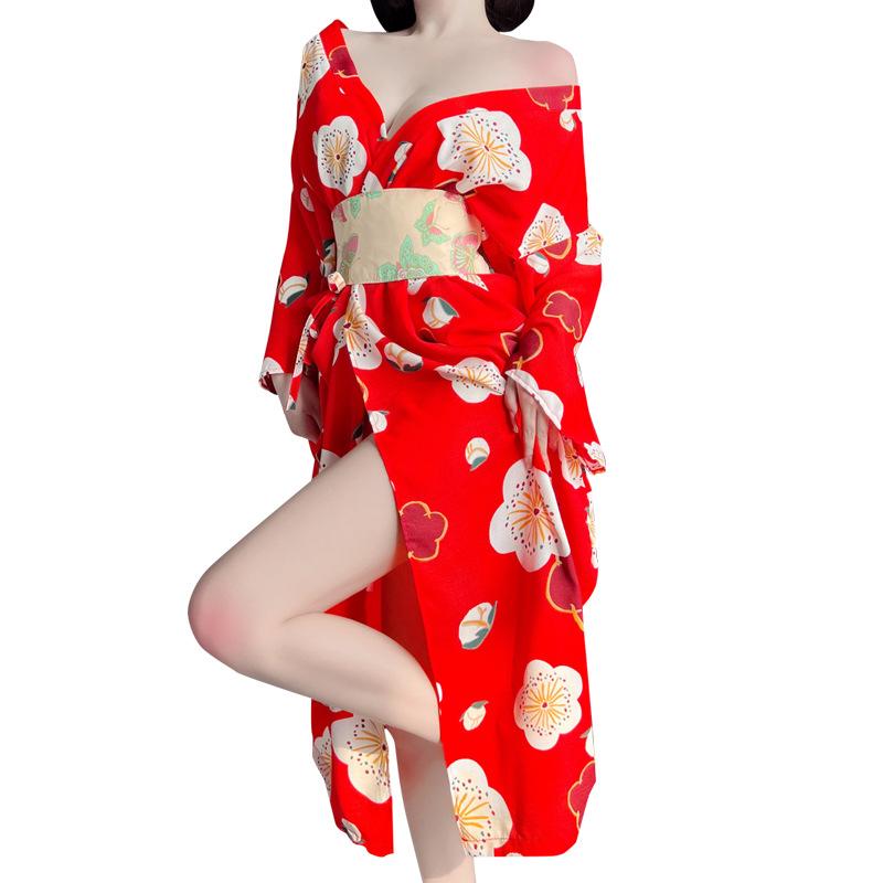 Японское кимоно с принтом вишневого цвета, косплей, сценический костюм, длинный глубокий V-образный вырез