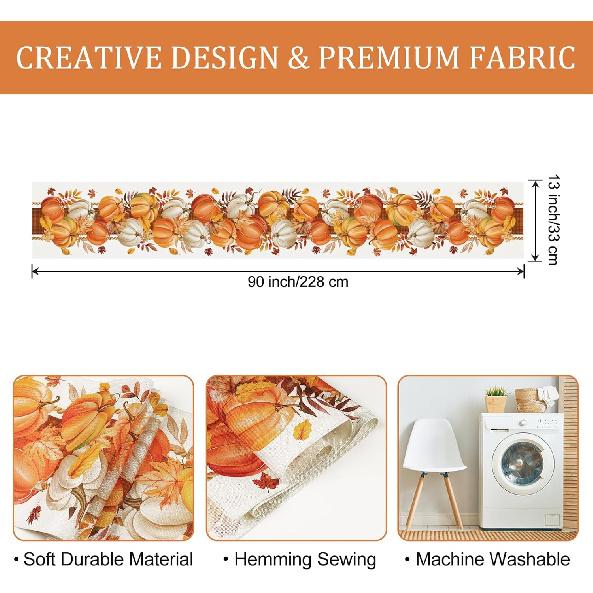 Bonhause Fall Pumpkin Leaves Table Runner 13x90 Inch Orange Buffalo Plaid Autumn Thanksgiving Harvest Kitchen Dinning Table Decoration for Indoor