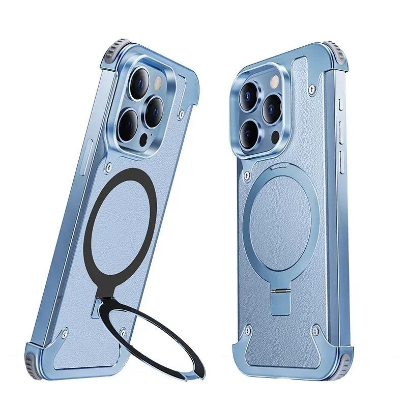 Leather Phone Case for iPhone 15 14 13 12 Pro Max 15 Plus With 360° Holder Frameless for MagSafe Wireless Charging Bumper