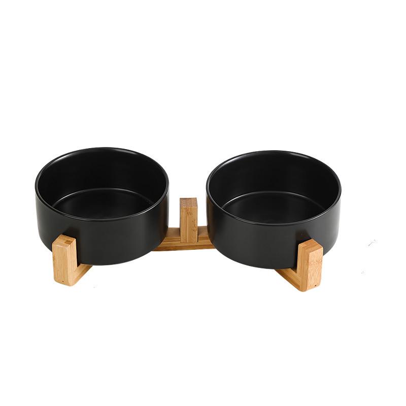 Ceramic Salad & Noodle Bowl Set with Wooden Stand - Black