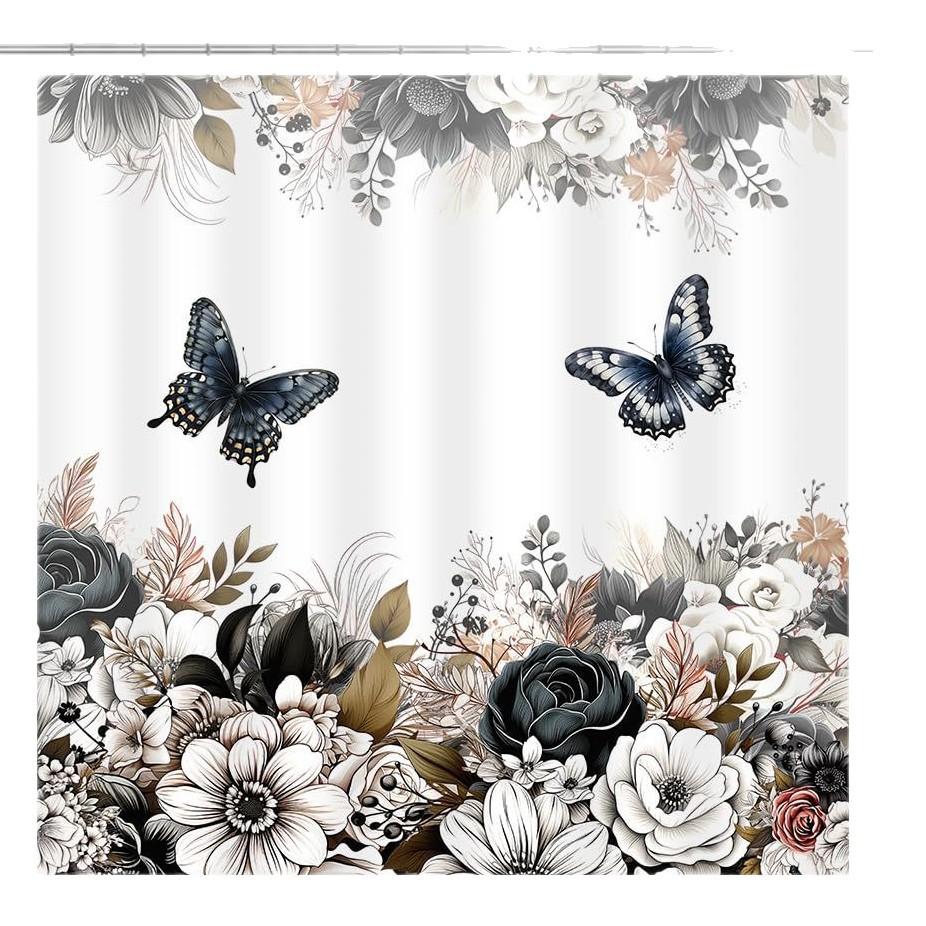Черно-белая цветочная шторка для душа Цветочная бабочка Шторка для душа с крючками Темный цветок Лист Растение Ванная комната Шторка Водонепроницаемая Шторка для душа