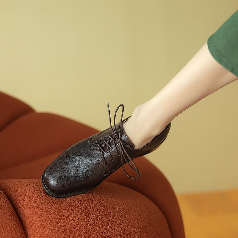 Базовые женские туфли-лодочки с круглым носком из натуральной кожи для офиса, женские туфли на шнуровке на толстом каблуке, весна-лето 2024, новые сапоги