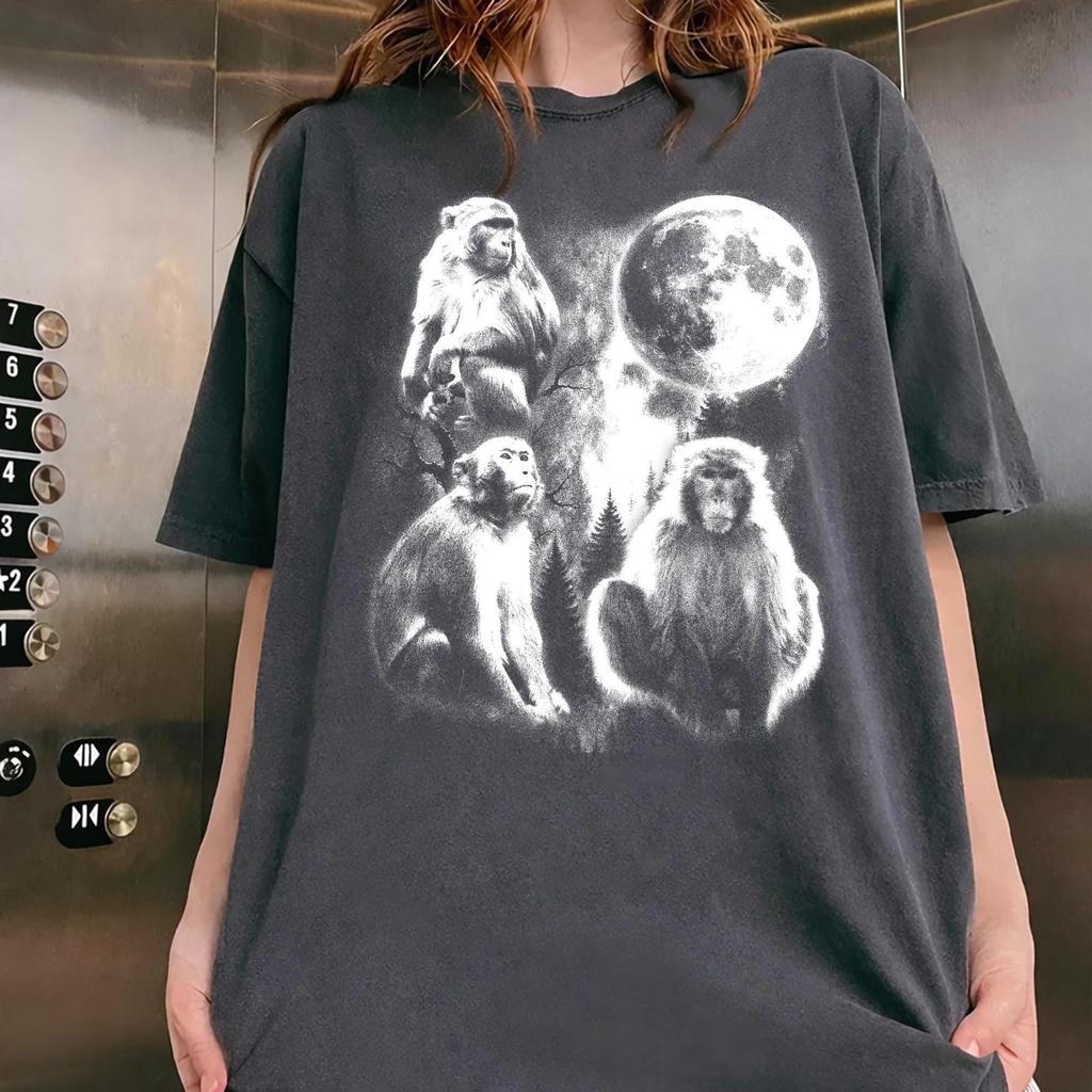 Japanese Macaque Moon Graphic Tee, Vintage Wildlife Shirt