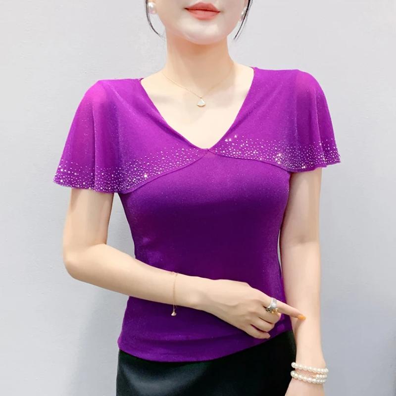 Новая европейская женская футболка одежда сексуальный V-образный вырез шикарные оборки горячие бриллианты топы рубашки летняя с коротким рукавом облегающая сетчатая футболка
