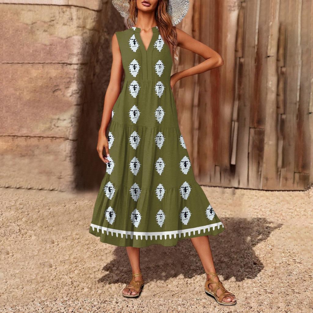 Women's Casual And Fashionable V-neck Sleeveless Printing Mid Length Dress