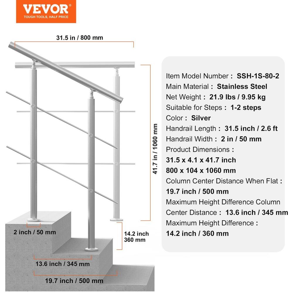 31.5in Handrails for Outdoor Steps 2 Crossbars Staircase for Porch Deck