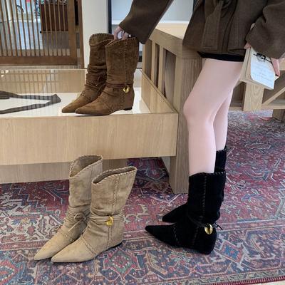 Версия из коровьей кожи осенние новые остроносые ремешки плиссированные короткие ботинки с отворотом и педалью