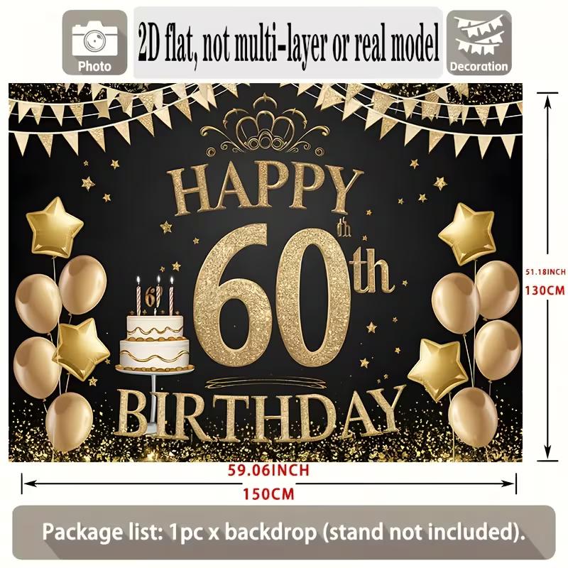 2D 60th Birthday Backdrop Black Gold Glitter - Party Decoration Photo Booth Background