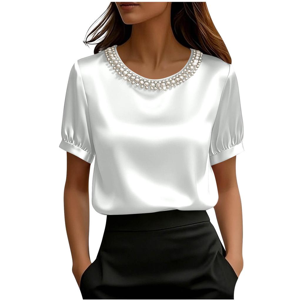 Модная женская свободная атласная футболка с коротким рукавом и жемчужным воротником