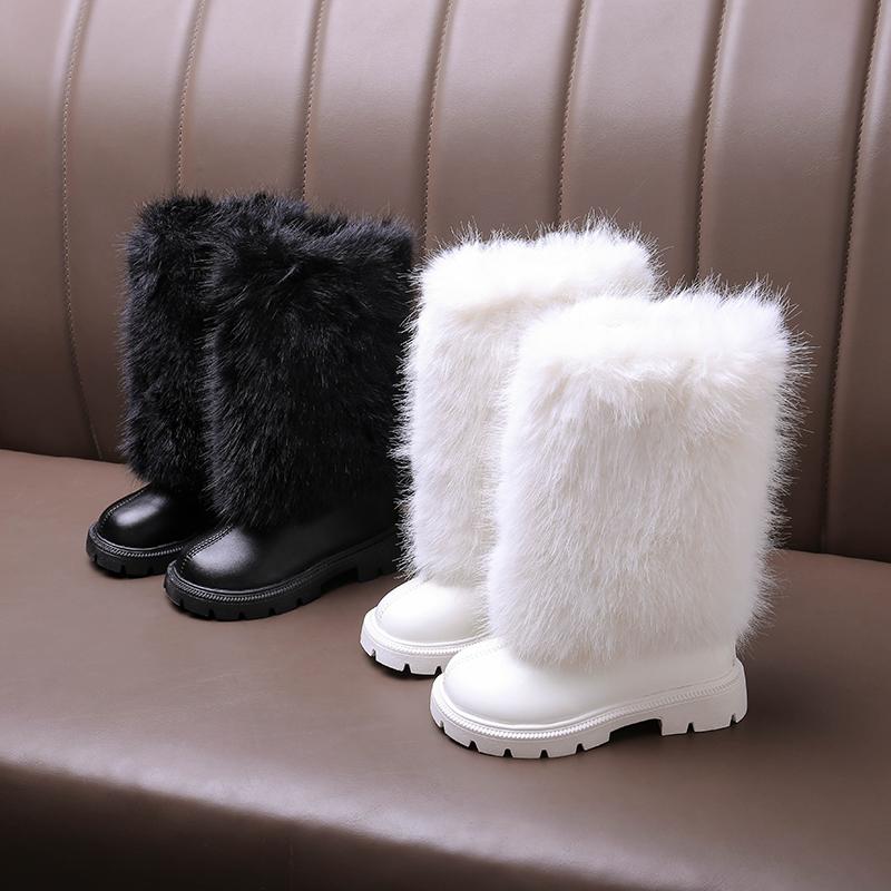 Warm Long Plush Rear Zip Knee Boots Girl 2025 Winter Comfort Thick Bottom Non Slip Booties Fashion Solid Faux Fur Boots Child