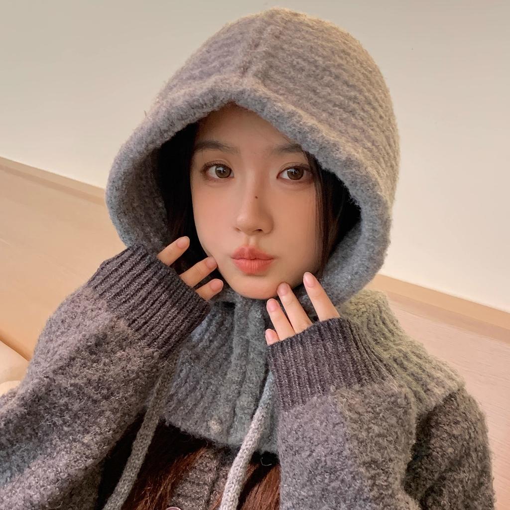 New Hat Women's Autumn and Winter Knitted Hooded Scarf Integrated Thermal Ear Hat