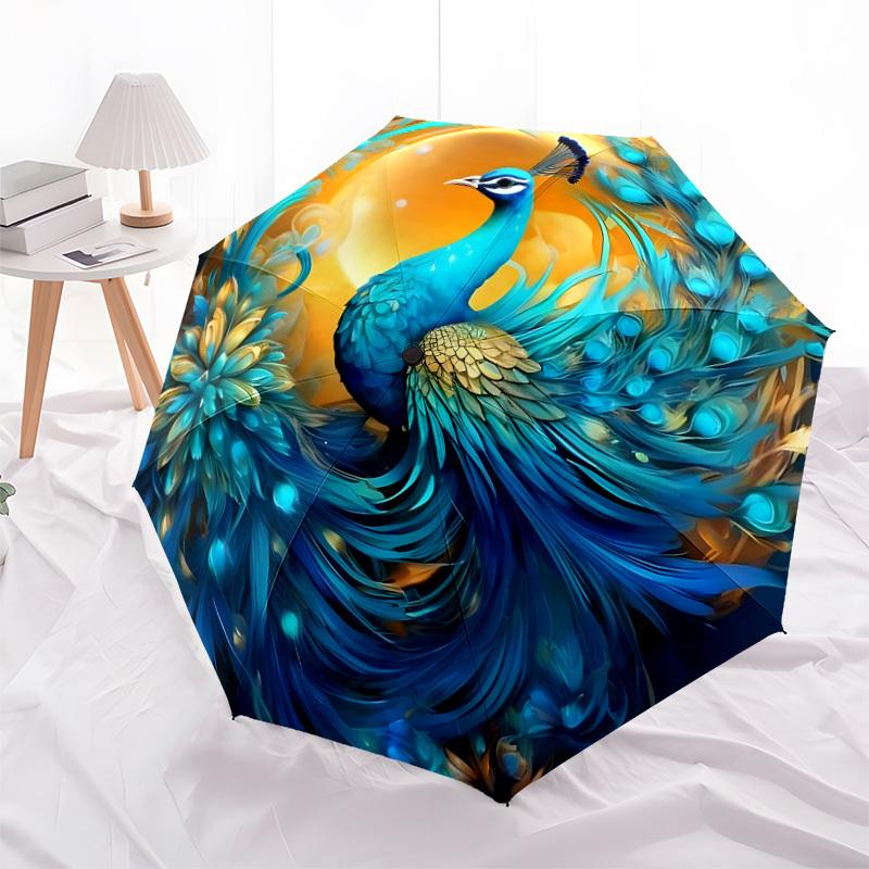 1pc Fantasy Peacock with Golden Sunburst Umbrella with Plastic Handle,Suitable for All Seasons Home Travel Outdoor UmbrellaDD1193