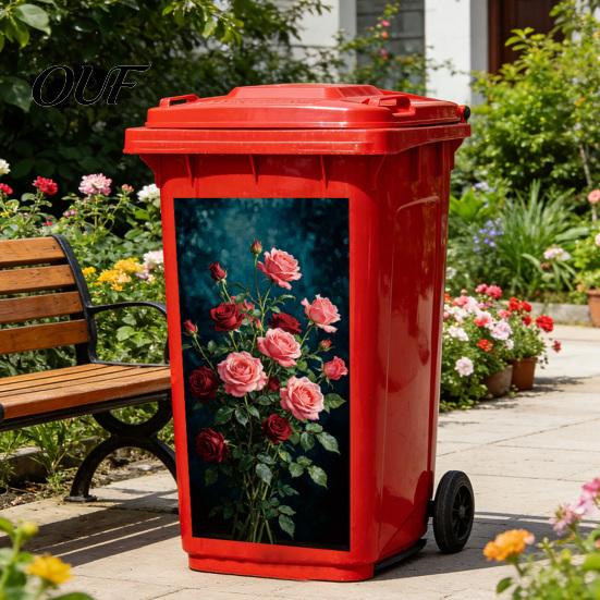 Outdoor Garbage Bin Decorative Vinyl Floral Trash Can Stickers, Waterproof Self?Adhesive Decals, Vintage Flower Pattern Decor Garden Waste Container