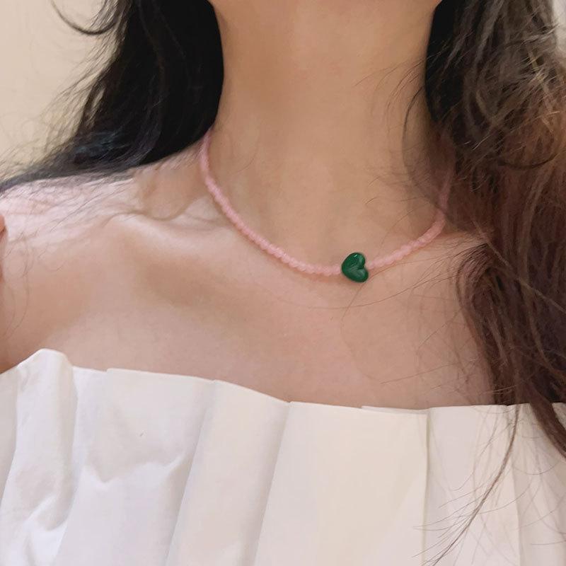 Ожерелье Macaron Ice Through Pink Green Natural Stone с бусинами Love, женская индивидуальность, уникальный темперамент, универсальная цепочка на шею, цепочка на ключицу