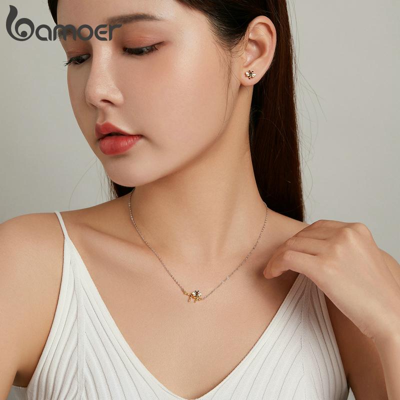 BAMOER, стерлинговое серебро 925 пробы, эмаль, шмель и сладкий мед, блестящее ожерелье и серьги-гвоздики для женщин, модный комплект ювелирных изделий