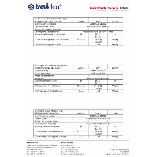 Cuisinière Électrique 2 Plaques Fonte G3 FERRARI CALDOS - Ø 185 + 155 À 5 Puissances