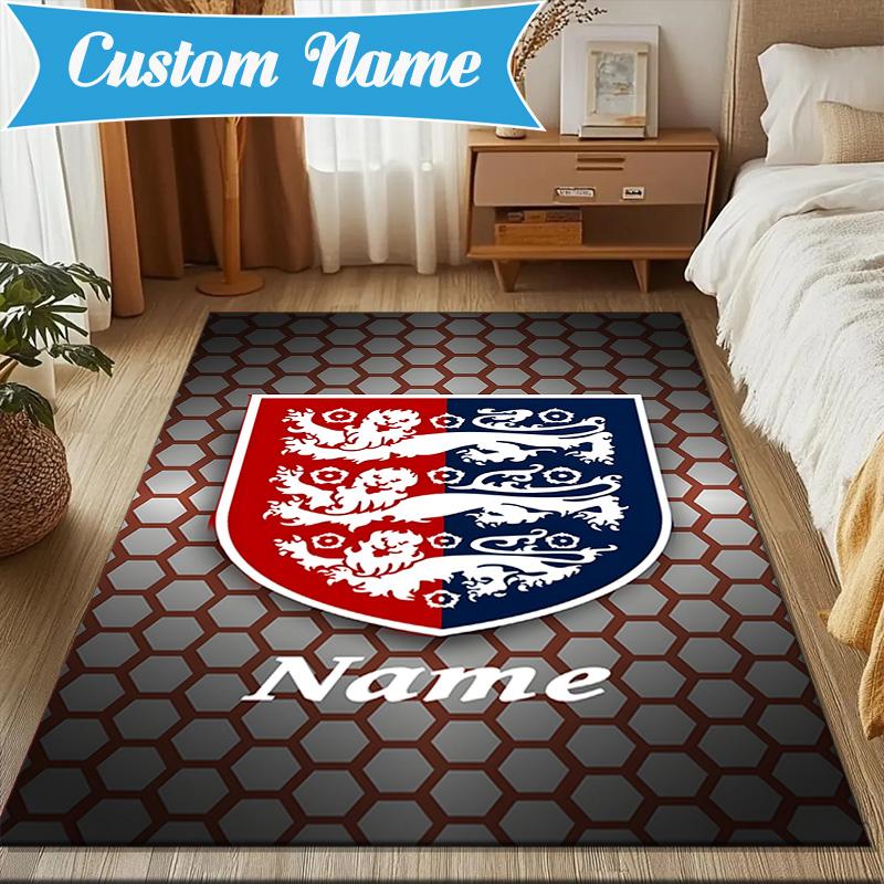 Custom Name England Football Crest Rug Game Carpet, Floor Mat for Bedroom Living Room Entryway Rug, Home Decor Idea Gift for Christmas birthday