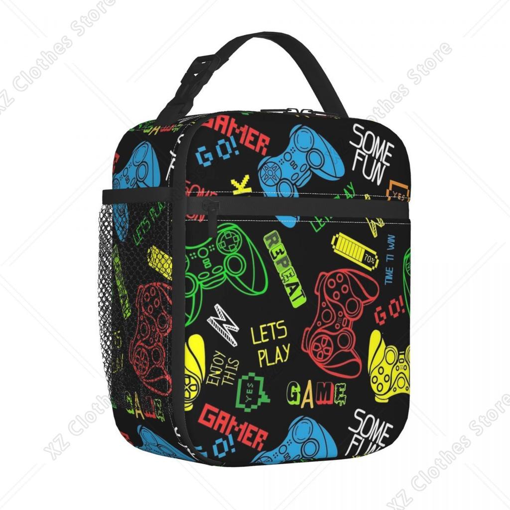 Video Game Controller Pixel Style Thermal Insulated Lunch Bag for Travel Portable Food Container Bags Thermal Cooler Lunch Box