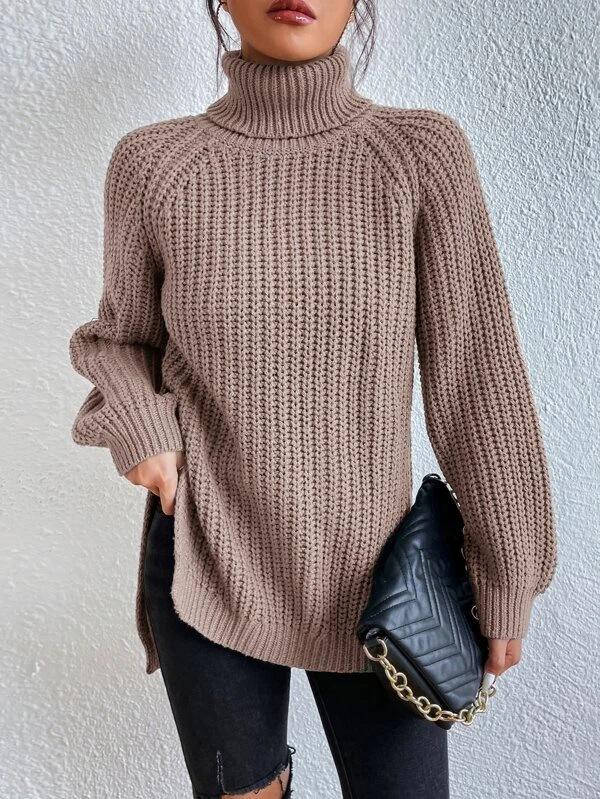 autumn and winter medium and long knitted sweater with shoulder sleeves and high lapel neck split ends. European and American sweaters and tops fo