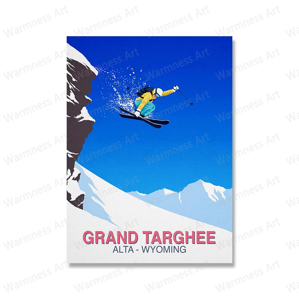 Зимние виды спорта Катание на лыжах Художественные постеры Картина на холсте Винтажные принты с изображением путешествий Картина с изображением гор на лыжах в снегу для гостиной Домашний декор