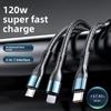 120W 6A 3 In 1 USB Type C Cable Fast Charge Phone Charger Data Cord For iPhone Samsung Xiaomi Huawei Quick Charge Micro USB Wire