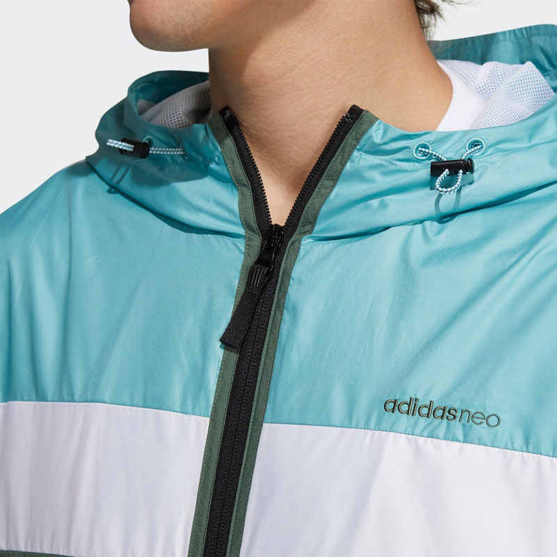 Adidas Куртка с капюшоном на молнии с вышитым логотипом Neo в полоску и цветными блоками, мужская куртка, сине-зеленая H57440