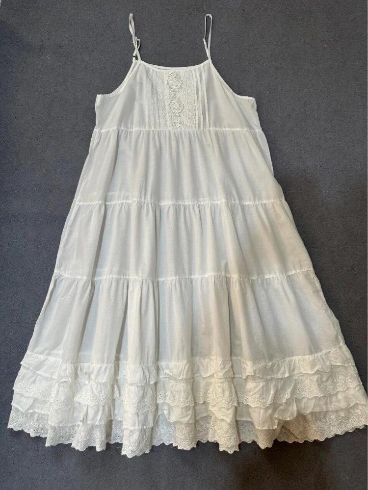 Summer New Women Casual Dresses Johnature Sweet Mori Japanese Loose Slip Dress Patchwork Lace Cotton Render Cake