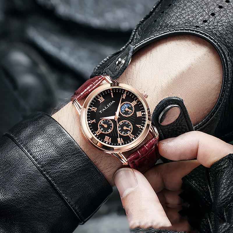 Модные роскошные кожаные часы с полосками, мужские водонепроницаемые часы TALIDA, модные мужские часы с циферблатом, часы с датой для мужчин, кварцевые часы