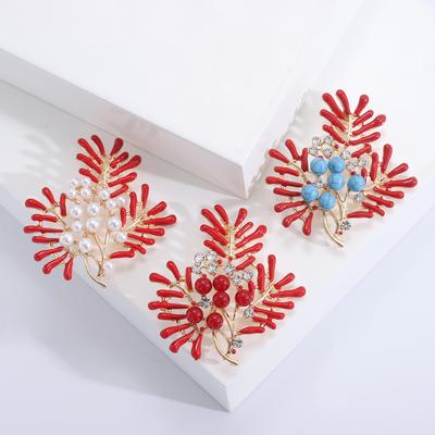 Trend Drip Oil Red Coral Pearl Brooch Temperament Fashion Haute Coat Sweater Clothing Accessories Pin