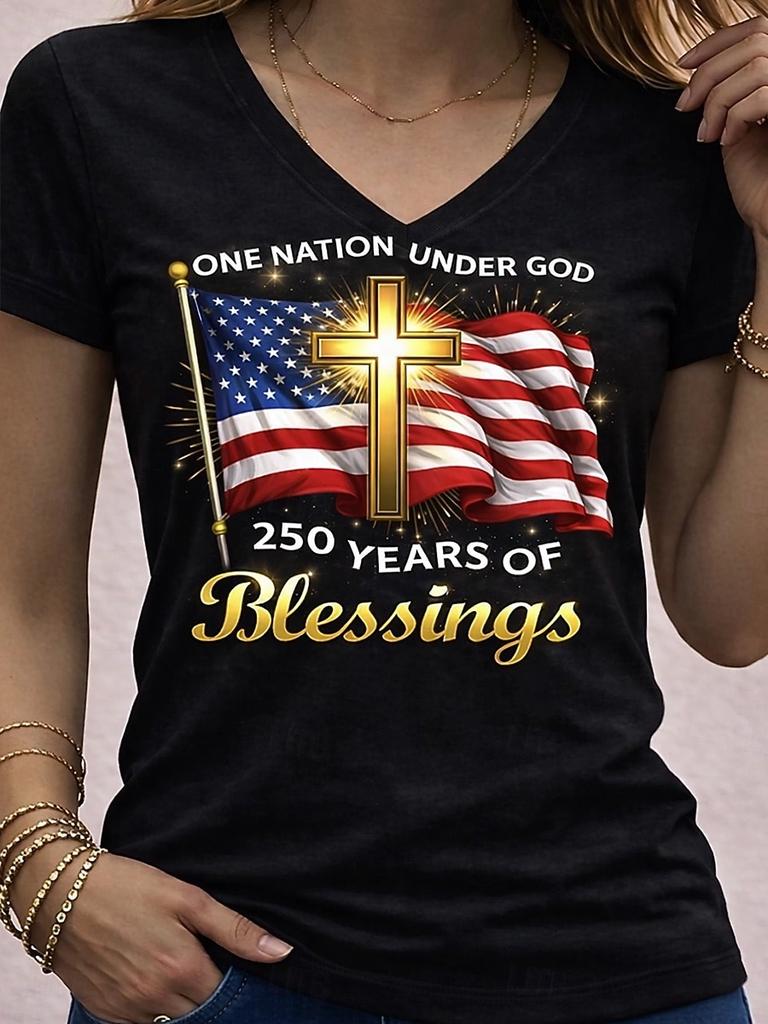 American Independence Day Women's T Shirt Print Graphic Flag Vintage Stylish Classic Short Sleeve