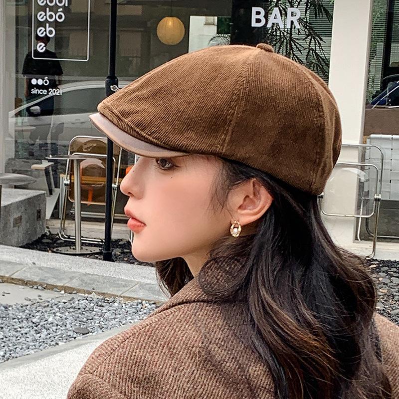 Autumn and winter retro corduroy + leather brim forward hat, newsboy hat fashion men's and women's caps show face small beret