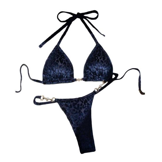 2Pcs/Set Women Sexy Bikini Set Leopard Print Halter Bra Faux Pearls Briefs