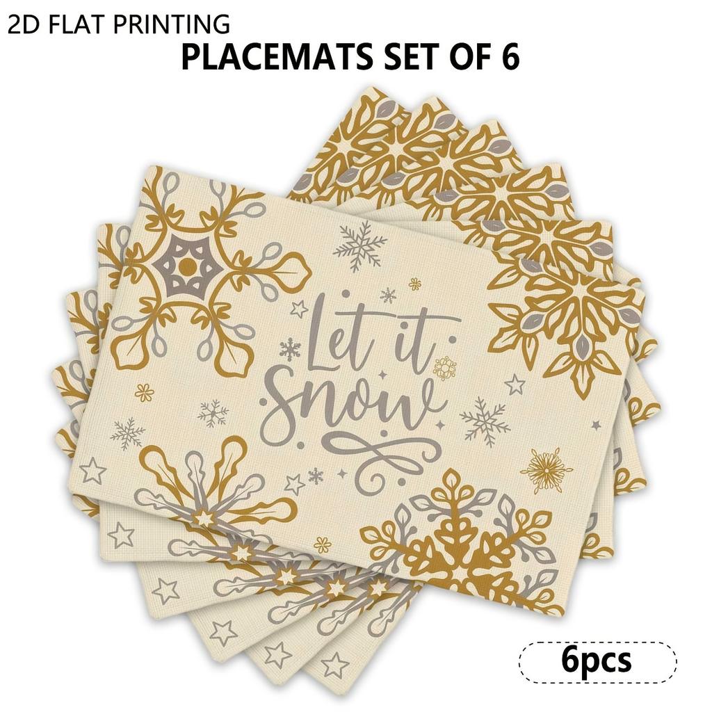 4pcs/6pcs, Christmas Placemats for Dining Table, Golden Snowflake Print Home Kitchen Placemats, Suitable for Holiday Party, Banquet, Home Kitchen, Din