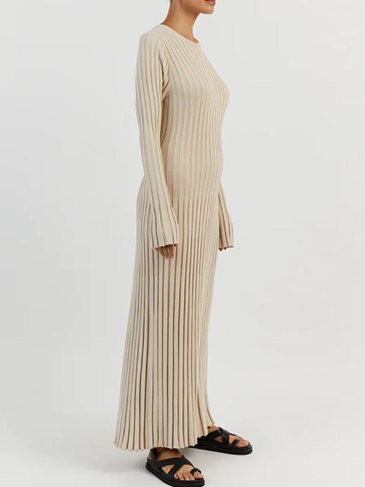 Сплошное цветное вязаное платье с круглым вырезом и длинными рукавами, женское плиссированное тонкое белое длинное платье, женская офисная уличная одежда, Vestido