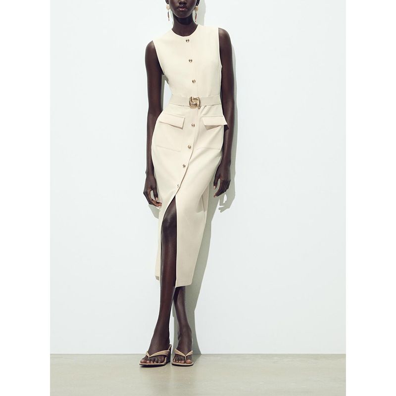 Summer New Product Women's Clothes Decorated Row Button with Belt Crepe Sleeveless Round Neck Midi Skirt Dress 3897054