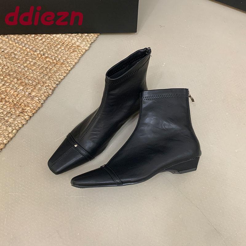 Fashion Female Square Toe Ladies Ankle Boots Low Heel Shoes Fashion Elastic Women Short Stretch Boots With Zippers Shoes