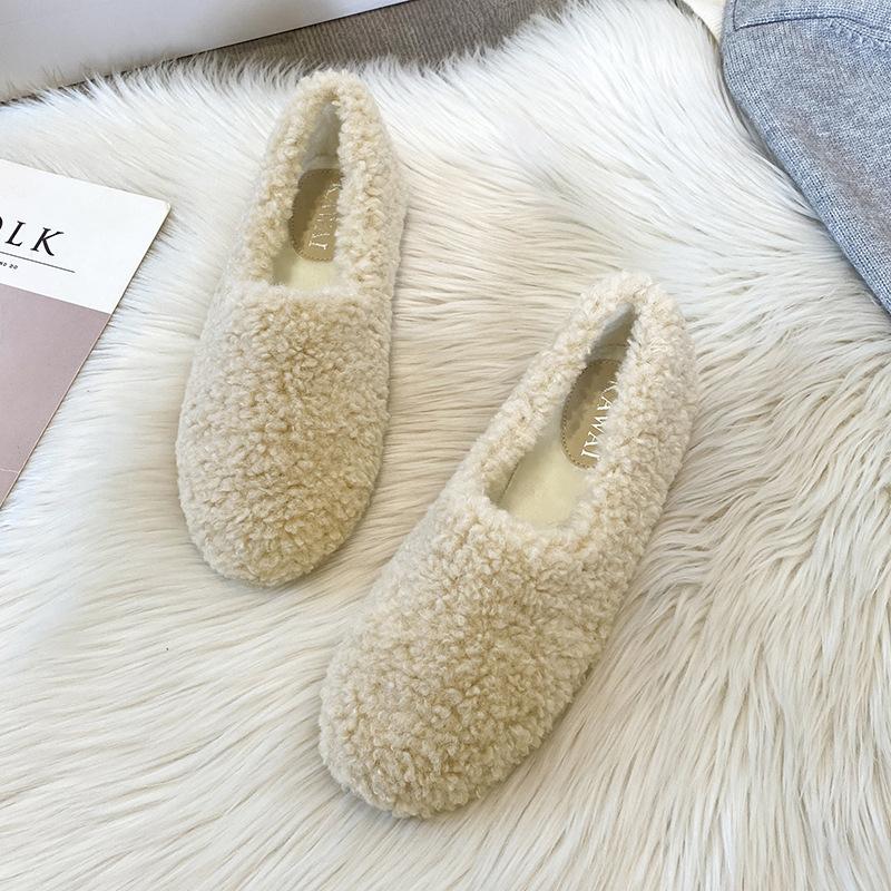 Lambwool Moccasins Femme Winter Cotton Shoes Women Warm Plush Loafers Comfy Curly Sheep Fur Flats Woman Large Size 40-43