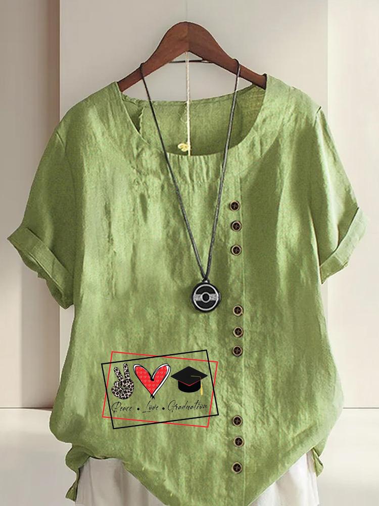 Women's Fashion Love Print Shot Sleeve T-shirt Loose Cotton Shirt Casual Loose Summer Blouse Tops Plus Size