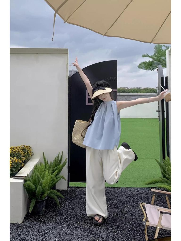 Шикарный французский синий плиссированный топ без рукавов для женщин - модный летний дизайн