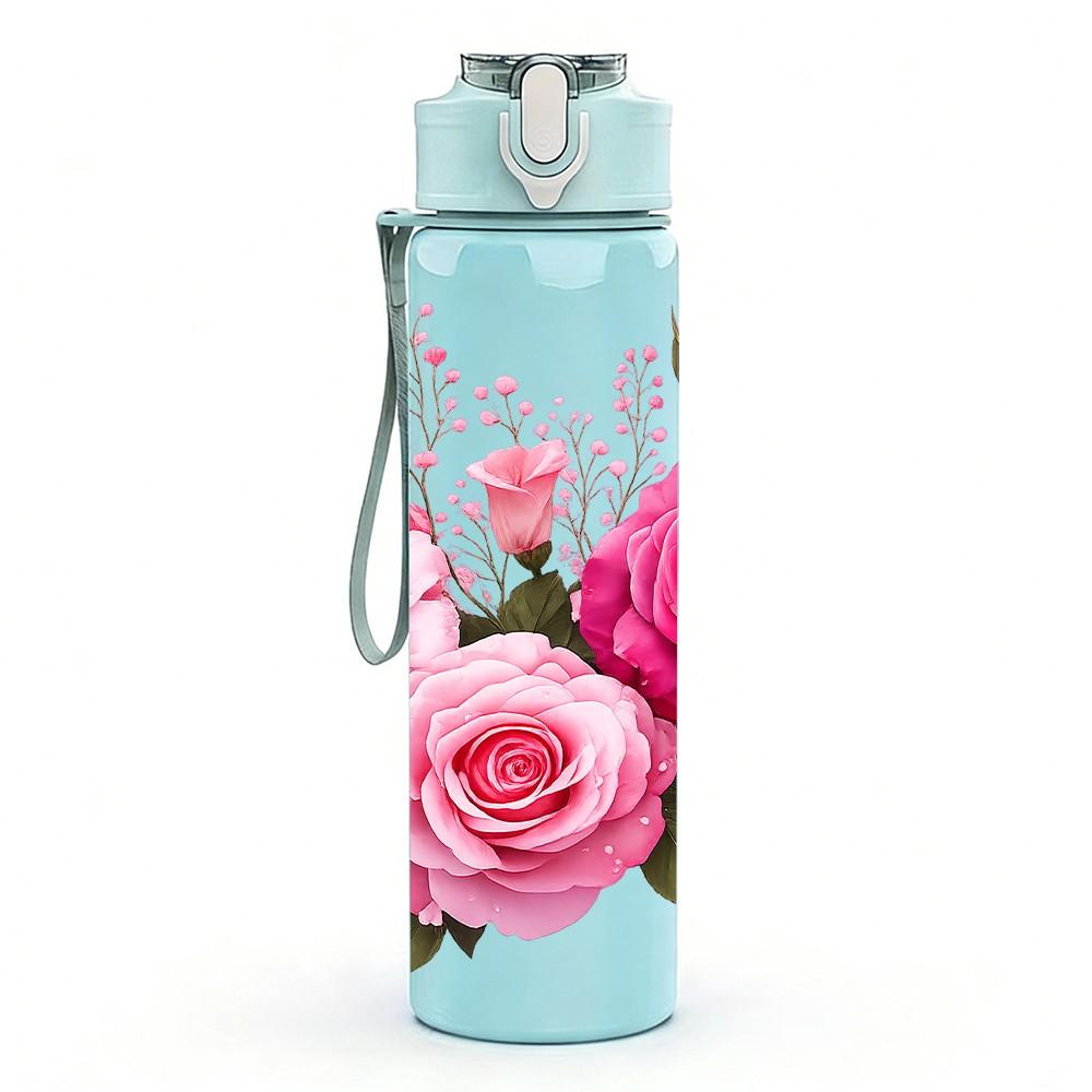 1PC Pink Rose Flower Bouquet 750ml Color Plastic Sports Water Bottle Leakproof Flip Straw Lid Suitable for Sports Office Home Use