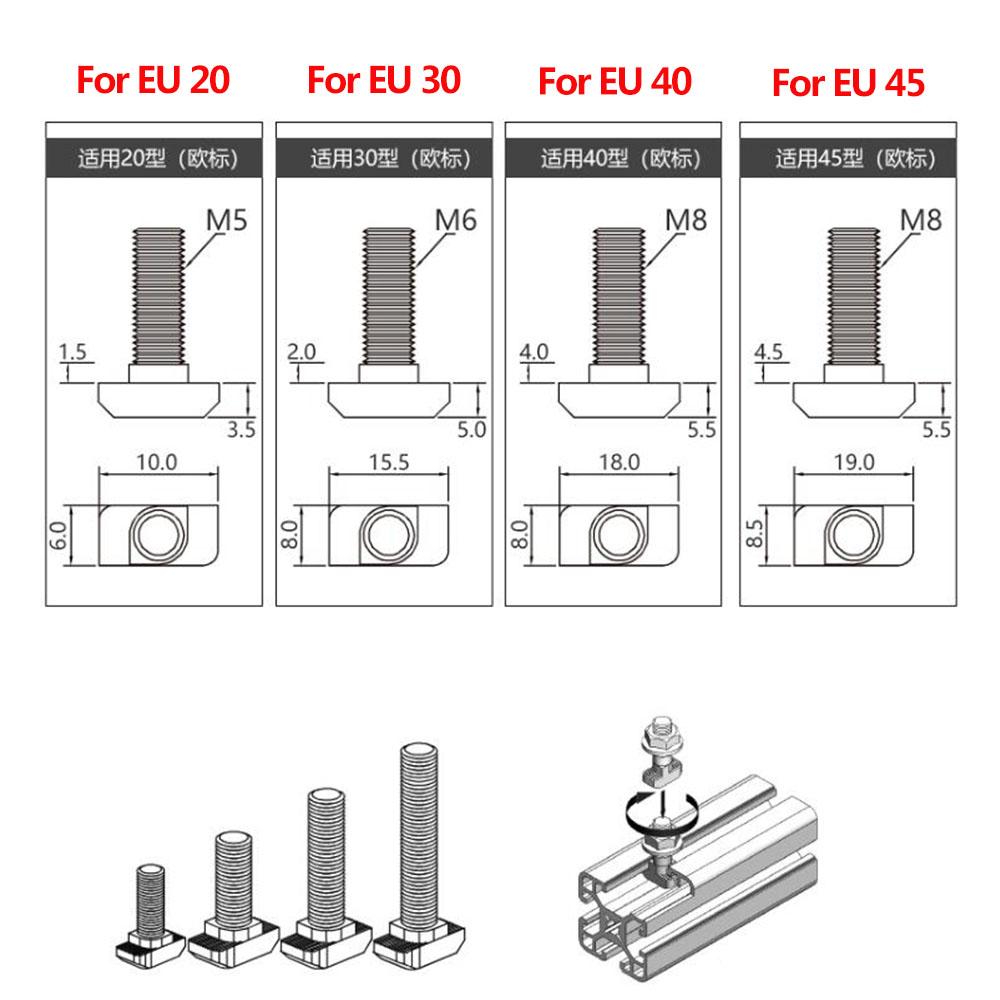 Eu Standard 20 30 40 45 Series T Shaped Hammer Bolt Aluminum Profile Accessories T Shaped Bolt Nut + Flange Nut M5 M6 M8 M10